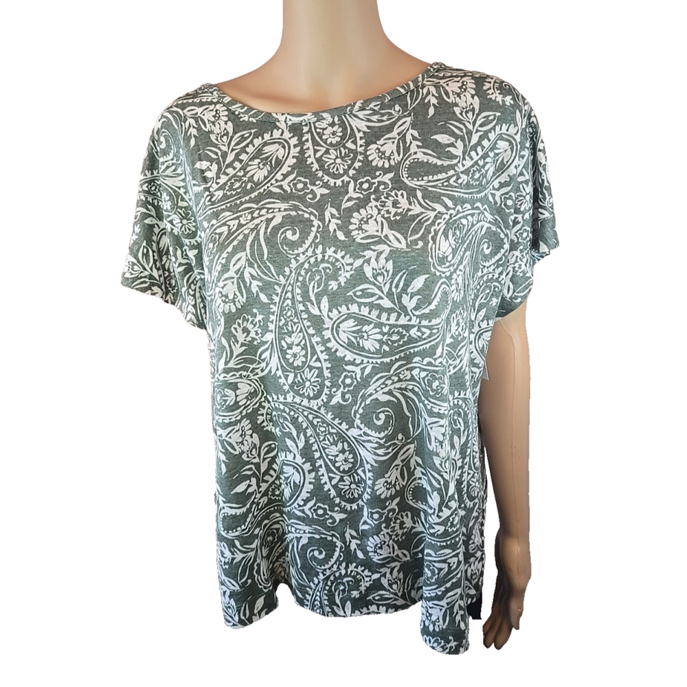 Tahari Women's Green Linen Paisley Floral Back Button Short Sleeve Top Size XL